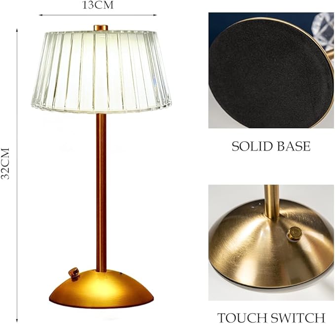 Cordless Metal Desk Lamp, Touch Sensor Control LED Table Lamp,3 Color Stepless Dimmable Battery Powered Lamp,Night Light for Kids Nursery,Bedroom/Desk/Cafe (Gold)