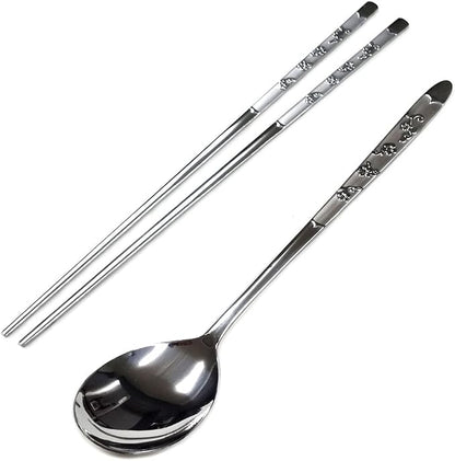 GARASANI Korean Traditional Cutlery Stainless Steel Spoons and Chopsticks Set (Silver Petal)