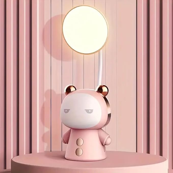 Cute Cartoon Kids Desk Lamp with Night Light - 360° Goose Neck LED Flexible Reading Light for Bedroom - Children Bedside Study Table Lamp (Pink Bear)
