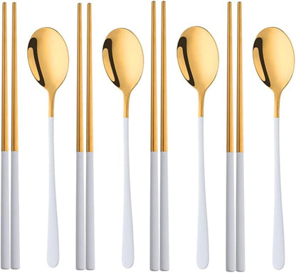 TEHAHA Reusable Korean Chopstick and Spoon Set,4 Sets Long Handle Stainless Steel Spoon and Chopsticks Set, 8 Pieces Metal Chopsticks Dishwasher Safe,White Gold.