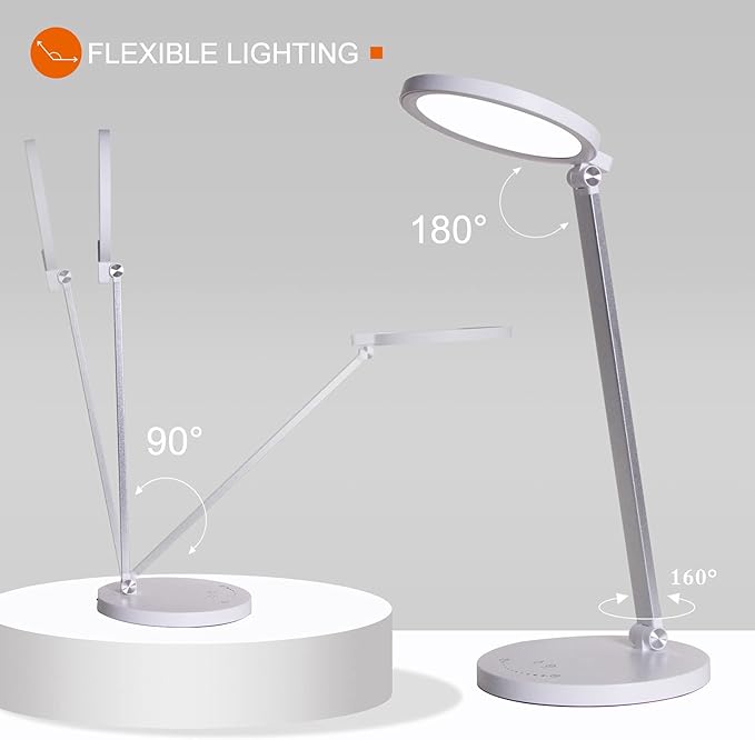 LED Desk Lamp, Aluminum Table Lamp, Dimmable Eye-Caring Table Lamp with 5 Lighting Models with 5 Brightness Levels, Touch Control and Memory Function, USB Charging Port, 8W, White……