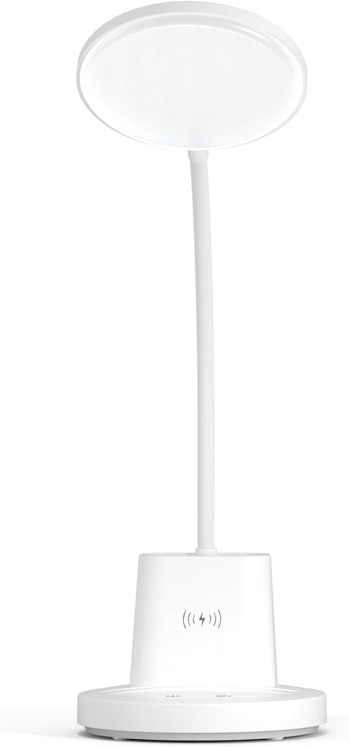 Sailstar Desk Lamp for Home Office, Small Desk Lamp with Wireless Charger & Pen Holder, Cute Desk Lamp LED Dimmable Touch 3 Lighting Modes Memory, Gooseneck White Desk Light for College Dorm Room