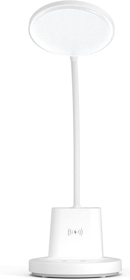 Sailstar Desk Lamp for Home Office, Small Desk Lamp with Wireless Charger & Pen Holder, Cute Desk Lamp LED Dimmable Touch 3 Lighting Modes Memory, Gooseneck White Desk Light for College Dorm Room
