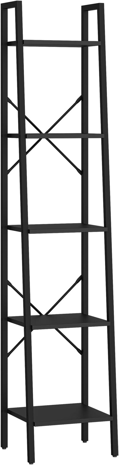 Ladder Shelf, Bookshelf Bookcase, Freestanding Corner Storage Shelve with 2 Hooks for Home Office, Living Room, Kitchen, Bedroom, Industrial, 5-Tier Black BC03204B