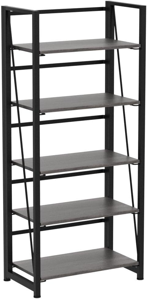 No-Assembly Folding Bookshelf Storage Shelves 5 Tiers Vintage Multifunctional Plant Flower Stand Storage Rack Shelves Bookcase for Home Office (Gray and Black)
