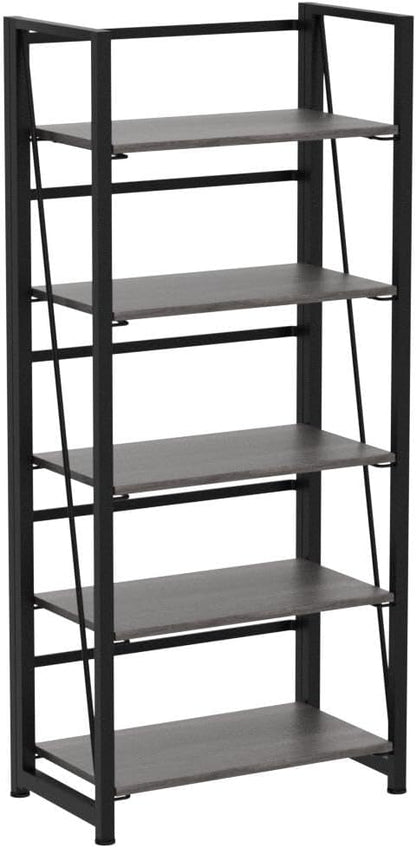 No-Assembly Folding Bookshelf Storage Shelves 5 Tiers Vintage Multifunctional Plant Flower Stand Storage Rack Shelves Bookcase for Home Office (Gray and Black)