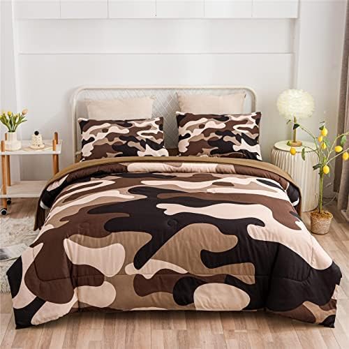Meeting Story Camouflage Bedding Set, Colorful Pattern Style Comforter Set, 5 PCS One Comforter Two Pillowcases Two Sheets in One Bag, All Season Bedspread for Teens Adults (Coffee, Queen 5Pcs