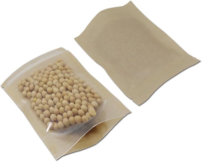 PABCK Clear Front Stand Up Kraft Paper Bags Resealable 3.9x5.9inch 200 Pcs | Stand Up Brown Paper Window Bag Zipper Lock Food Storage Bag for Coffee Snack Nuts Spice Seeds Crafts Packaging Heat Sealable