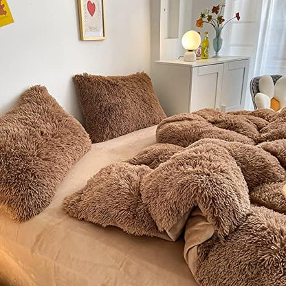 Faux Fur Kids Girls Coffee Comforter Sets Twin/Full - 3PC Bed Set Warm Comfortable Soft Plush Flannel Velvet Fluffy Fuzzy Bedding（Comforter x 1 Pillowcases x 2）