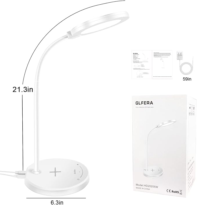 Desk Lamp, LED Desk lamp with USB Charging Port, 5 Lighting Modes 10 Brightness Levels, Sensitive Control Eye-Caring Office Lamp White