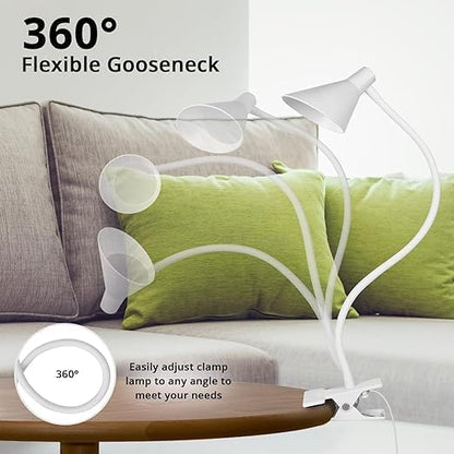 Desk Clip Light,3 Light Modes 10 Dimmable Brightness Reading Light, Flexible Neck Bedside Lamp, Small Table Clamp Lamp for Office, Bedroom, Bed Headboard, Study(White)
