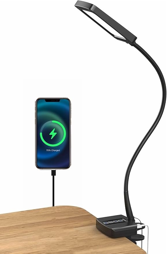 TROND Desk Lamp with Versatility Clamp, 1000LM Clip on Light, 5 Color Modes 5 Brightness Levels, Gooseneck Touch Control with USB Charging Port, 30 Mins Timer for Reading Craft Sewing Work Study Task