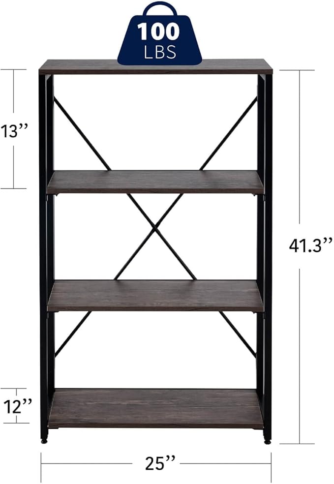 Bookshelf,4-Tier Folding Bookcase,Industrial Book Shelf,Rustic Wood Storage Shelves,Tall Bookshelf,Shelves For Bedroom,Office,Kitchen,Living Room,Study Room,No Assembly Folding Bookshelf,Black