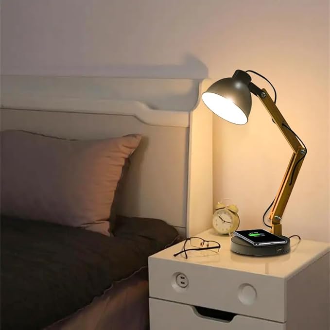 ELINKUME LED Desk Working Lamp with Charging(Wireless/USB-A/Typ-C),Wood Swing Arm Table Bedside Lamp, Black Metal Lampshade,Vintage Reading Light for Office,Study,Bedroom,Living Room(Excluding Bulb)