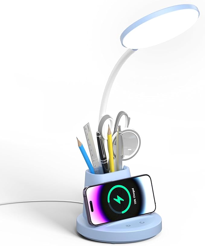 LED Desk Lamp with Wireless Charger for Home Office, Small with Pen Holder, 800LM,3 Color Modes,Gooseneck, Eye-Caring White Desk Lamps for Home College Dorm Room,Blue