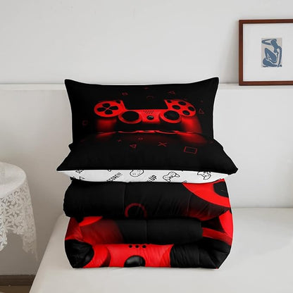 Boys Gamer Comforter Set Full Size,Gamepad Bedding Set Kids Young Man Video Games Down Comforter for Teen Child Game Room Decor Black Red Classic Retro Gaming Quilted Duvet Set with Pillowcase