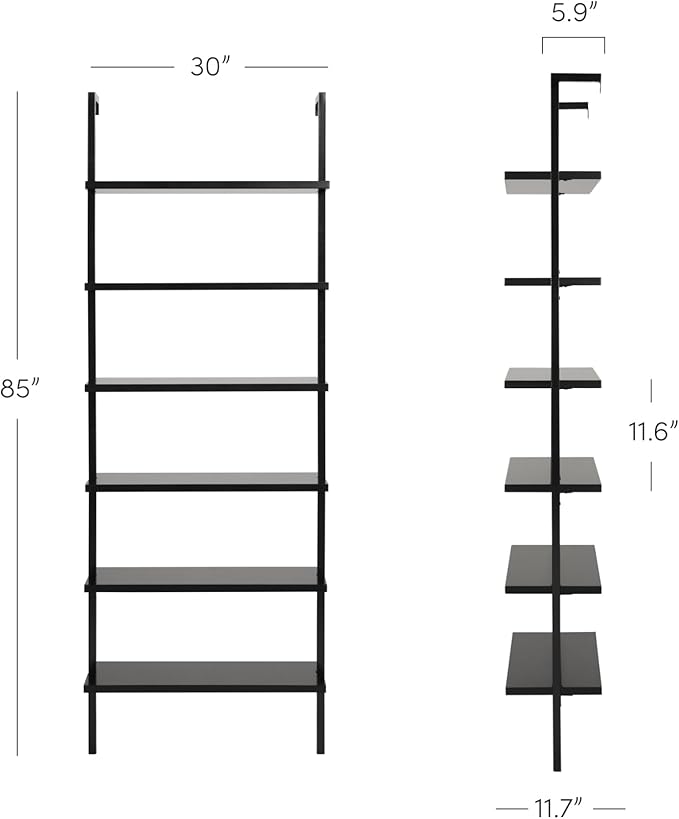Nathan James Theo 6-Shelf Tall Bookcase, Wall Mount Bookshelf Wood Shelves and Metal Frame, Matte Black