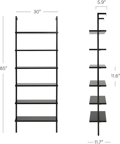 Nathan James Theo 6-Shelf Tall Bookcase, Wall Mount Bookshelf Wood Shelves and Metal Frame, Matte Black