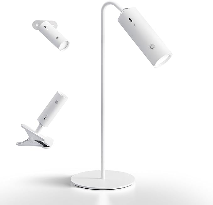 SIEPUNK Cordless Desk Lamp for Home Office, 4 in 1 Multifunctional Rechargeable Touch 3 Colour Temperature Table Lamp with Clamp, Portable Magnetic Bedside Night Desk Light, Ideal for Gifts, White