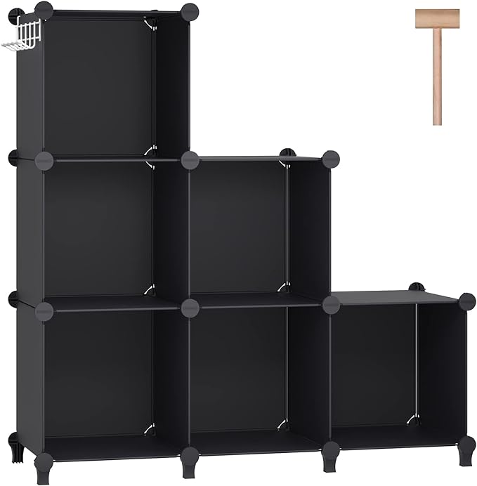 6 Cubes Storage Organizer, Bookcase, Display Shelf with Wooden Mallet, Cabinet Storage for Kids, Adult, Office, Bedroom, Bathroom, Black