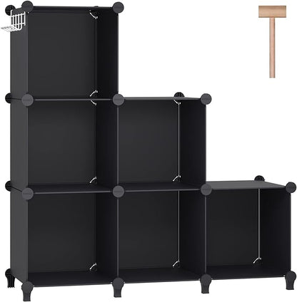 6 Cubes Storage Organizer, Bookcase, Display Shelf with Wooden Mallet, Cabinet Storage for Kids, Adult, Office, Bedroom, Bathroom, Black