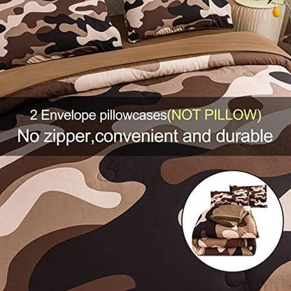Meeting Story Camouflage Bedding Set, Colorful Pattern Style Comforter Set, 5 PCS One Comforter Two Pillowcases Two Sheets in One Bag, All Season Bedspread for Teens Adults (Coffee,Full5pcs