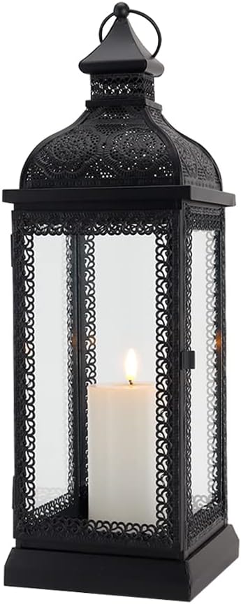 TRIROCKS Rustic Style Metal Candle Lantern 19'' High Decorative Hanging Lantern Candle Holder with Tempered Glass for Christmas Living Room Garden Yard Patio Parties Events Indoors Outdoors(Black)