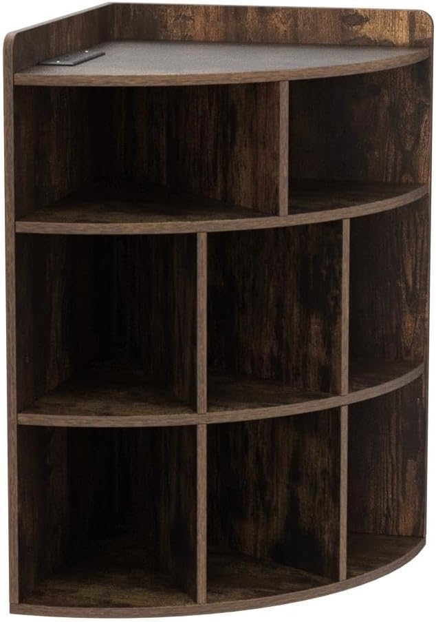 Vecelo Corner Cabinet with Charging Station, 3-Tier Cube Storage Organizer with USB Ports and Outlets, Triangle Bookcases with 8 Cubbies for Playroom, Bedroom, Living Room, Brown