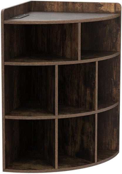 Vecelo Corner Cabinet with Charging Station, 3-Tier Cube Storage Organizer with USB Ports and Outlets, Triangle Bookcases with 8 Cubbies for Playroom, Bedroom, Living Room, Brown