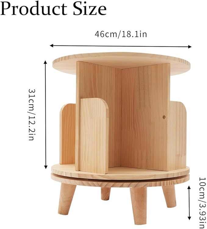 Gdrasuya10 Small Rotating Bookshelf with Legs, 360° Rotating Bookshelf Organizer Wooden Storage Bookshelf Desk Supplies Organizer for Small Spaces Open Book Shelf for Home