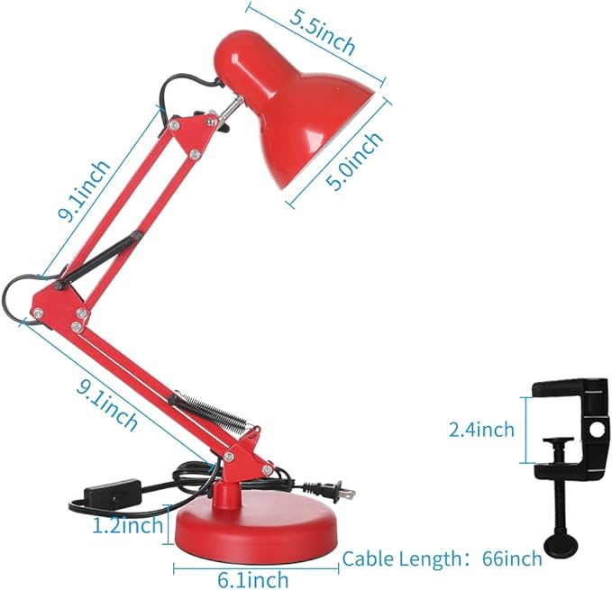 Led Desk Lamp with Clamp - Swing Arm Desk Lamp with 5 LED Cold Light Bulbs 6500K - Folding Table Lamp，Used for Office, Work, Study, Dormitory Reading and Eye Protection Desk Lamp (Red-5)