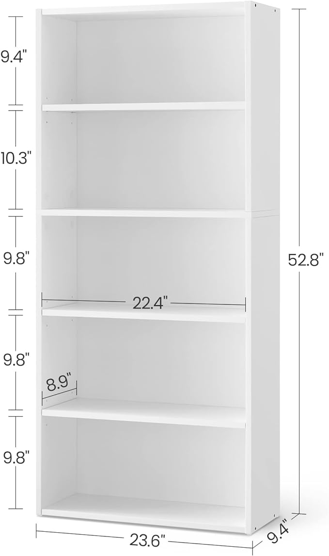 VASAGLE Bookshelf, 23.6 Inches Wide, 5-Tier Open Bookcase with Adjustable Storage Shelves, Floor Standing Unit, Cloud White ULBC165T14