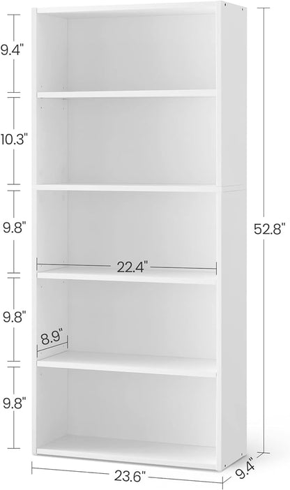 VASAGLE Bookshelf, 23.6 Inches Wide, 5-Tier Open Bookcase with Adjustable Storage Shelves, Floor Standing Unit, Cloud White ULBC165T14
