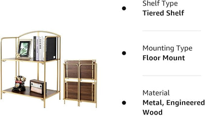 No Assembly Folding Bookshelf for Living Room, 2 Tier Gold Collapsible Book Shelf for Home Office, Portable Bookcase Storage Organizer