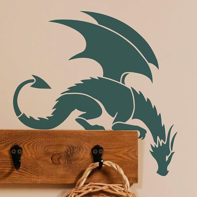 FINGERINSPIRE Dragon Painting Stencil with Paint Brush 11.8x11.8inch Pterosaur Drawing Template Dragon Pattern Stencil Corner Theme Decoration Template for Painting on Wood Wall Fabric Furniture