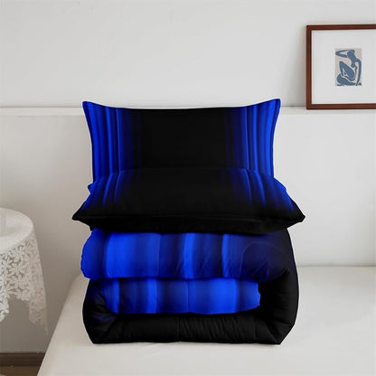 Geometric Abstract Ombre Comforter Set Kids Teens Dark Blue and Black Striped Bedding Bed Set Decor Modern Fashion Comforter Inner Fill Bedroom Collection 3Pcs Full Size