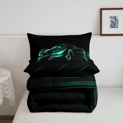 Feelyou Teal Race Car Bedding Set Twin Size for Kids Boys Extreme Sport Games Comforter Set Teens Toddler Fast and Furious Duvet Set Cool Modern Quilt Set 2Pcs