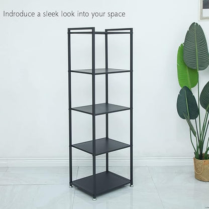 Display Shelf, 5-Tier Shelf Stand, Black Metal Thin Narrow Tall Large Corner Shelf Bookshelf Freestanding for Bedroom Shop Commercial Retail Storage(19.7x15.7x63)…