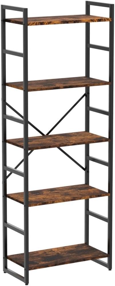 Shintenchi Bookshelf, 5 Tier Bookshelf, Tall Bookcase Shelf for CDs/Movies/Books, Home Office Bookcase Shelf Storage Organizer, Modern Book Shelf for Bedroom/Living Room/Home Office, Rustic Brown