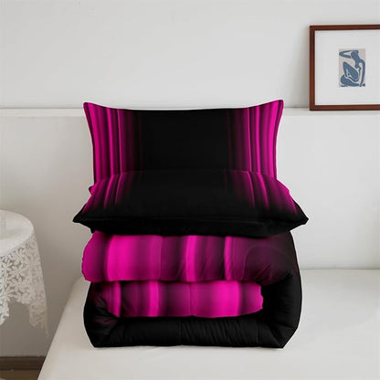 Geometric Abstract Ombre Bedding Bed Set Men Adults Teens Rose Red and Black Striped Comforter Set Kids Boys Girls Simple Modern Comforter Inner Fill Bedroom Collection 3Pcs Queen Size
