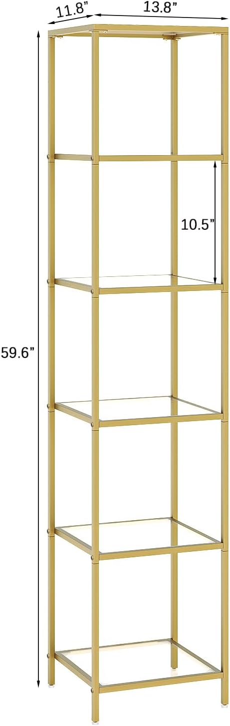 6-Tier Bookshelf,Metal Bookcase,Tempered Glass Shelves,Storage Rack Shelf for Home Office,Living Room,Bedroom, Bathroom,Modern Style,Golden