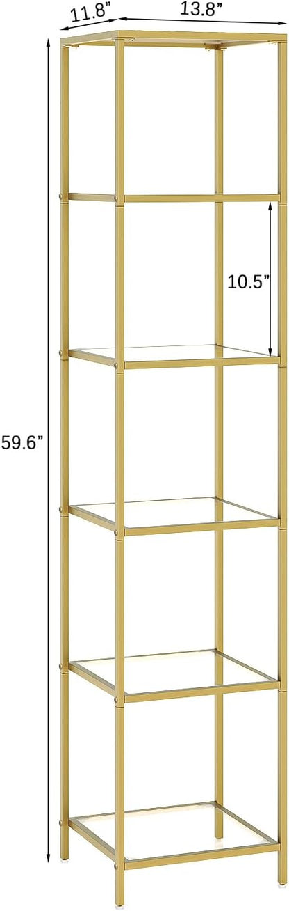 6-Tier Bookshelf,Metal Bookcase,Tempered Glass Shelves,Storage Rack Shelf for Home Office,Living Room,Bedroom, Bathroom,Modern Style,Golden