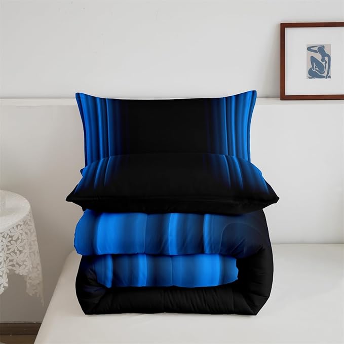 Geometric Abstract Ombre Comforter Set Kids Teens Blue and Black Striped Bedding Bed Set Decor Modern Fashion Comforter Inner Fill Bedroom Collection 3Pcs Queen Size