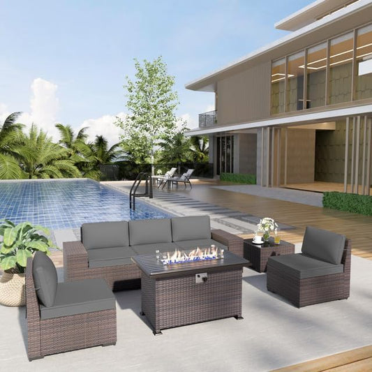Patio Furniture Sectional Sofa Set 7 Pieces PE Rattan Patio Conversation Set w/43in Gas Fire Pit Table, Outdoor Furniture with 55000 BTU Propane Fire Pit, Grey