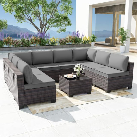 Patio Furniture Set 9-Piece Outdoor Furniture for Backyard Wicker Sectional Sofa Set, Rattan Patio Conversation Set with Thickened Cushions and Glass Coffee Table, Grey