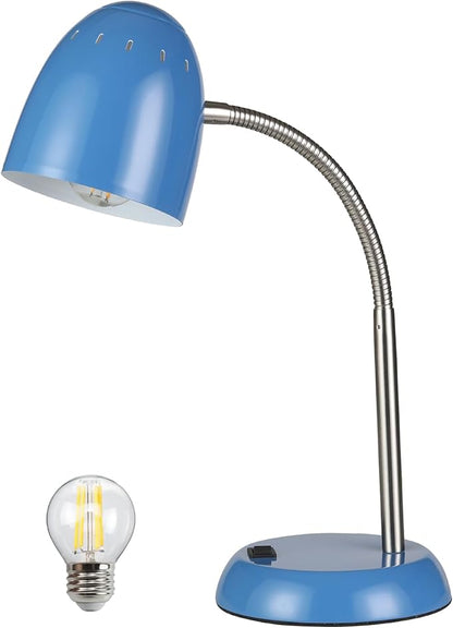 Eye-Caring Table Lamp of Simple Designs Home E26 Led Screw Basic Metal Desk Lamp with Flexible Gooseneck Hose Neck Study Lamp for Bedroom Office Living Room Convenient On/Off Switch (Light Blue)