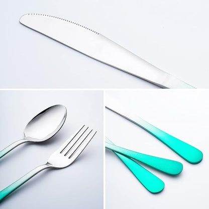 Travel Utensils Set with Case Reusable Portable Cutlery Set Stainless Steel 8pcs Including Dinner Knife Fork Spoon Chopsticks straws(Gradient Green)