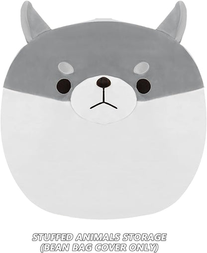 Stuffed Animal Storage Bean Bag Chair Cover for Kids Grey Shiba Inu Dog Bean Bag Chair for Girls X-Large Size Toy Organizer Cover Only Without Filling