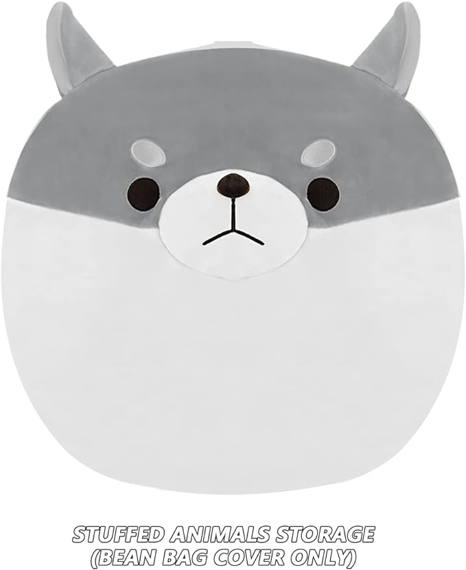 Stuffed Animal Storage Bean Bag Chair Cover for Kids Grey Shiba Inu Dog Bean Bag Chair for Girls XX-Large Size Toy Organizer Cover Only Without Filling