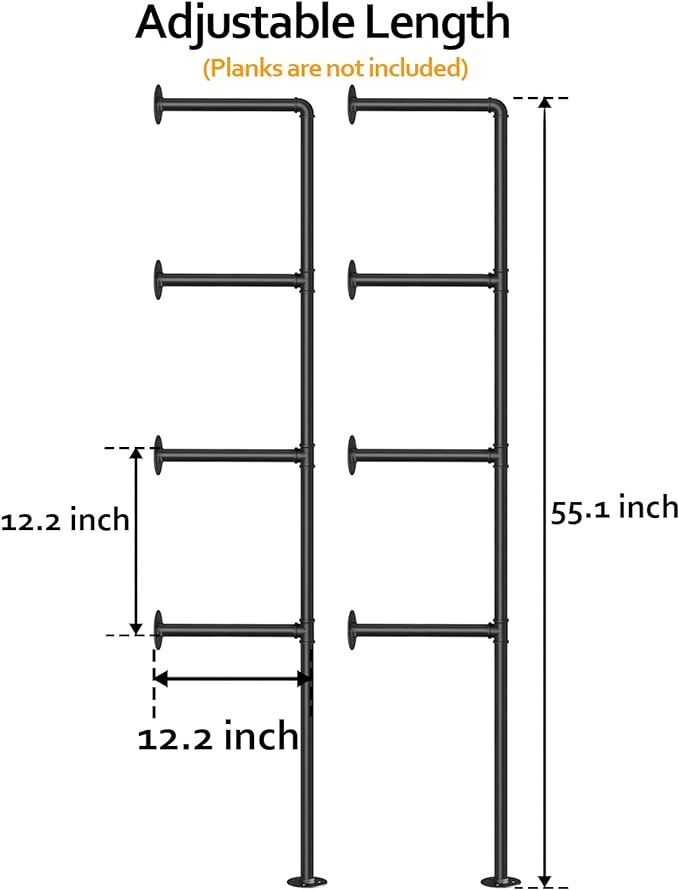 Pynsseu Industrial Iron Pipe Shelf Wall Mount, Farmhouse DIY Open Bookshelf, Pipe Shelves for Kitchen Bathroom, bookcases Living Room Storage, 2Pack of 4 Tier